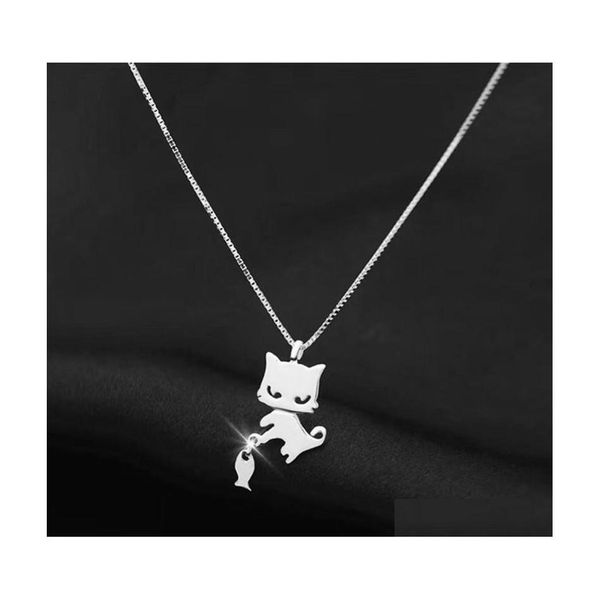 Collane con ciondolo Sier Kitten Collana Womens Temperament Sweet Cat Fishing Clavicola Catena Party Regalo di compleanno Bdehome Drop Delive Dhkf3