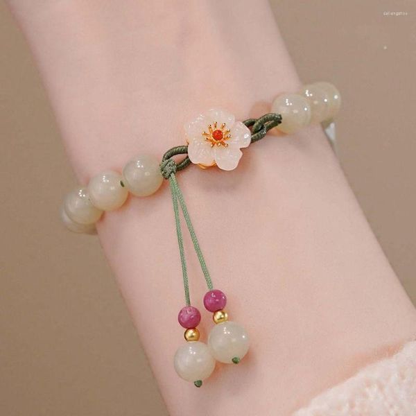 Link-Armbänder Jade-Armband Damen-Armband im antiken Stil, Blumenperle, gewebtes Handseil, Schmuck, Geschenk mit zarter Box