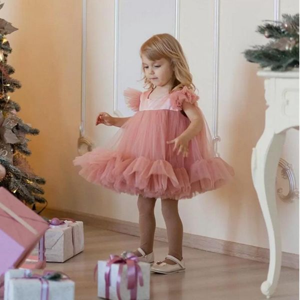 Vestidos de menina pó de pó rosa flor de menina comprovada manga de manga puff gomns vestidos de concurso no joelho vestido de festa de aniversário