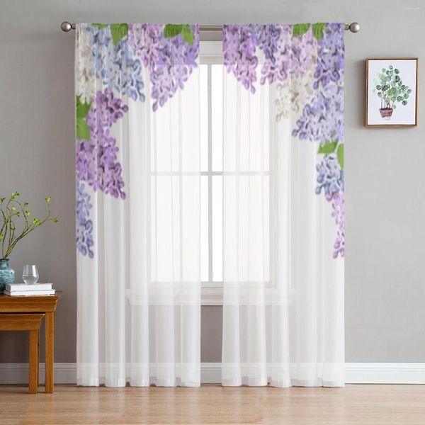 Cortina de cortina azul roxo e branco lilás Flores Janela de tule para sala de estar Voile Voile cortinas de cozinha tratamentos de cozinha cortinas