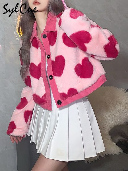 Kadın Ceketler Sylcue Pink Girl Gençlik Sevimli Allmatch Aşk Kontrast Yünlü Gevşek Rahat ve Esnek Kısa Üst Kat Düğmesi 230130