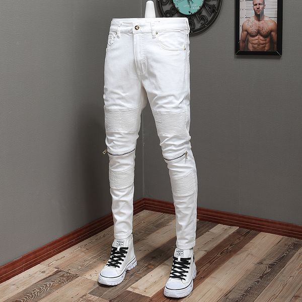 Männer Jeans Street Fashion Weiße Farbe Elastische Slim Fit Gespleißt Biker Punk Hosen Reißverschluss Designer Hip Hop Hosen Hombre 230131