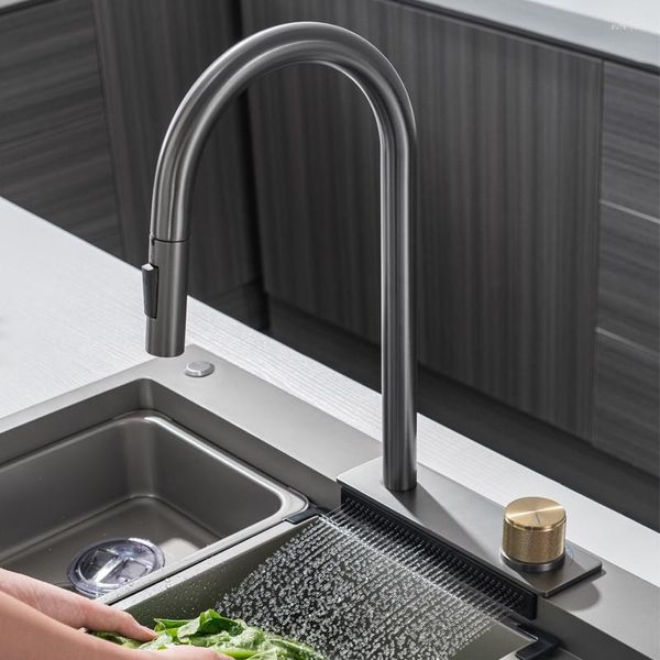 Küchenarmaturen Messing 304 Edelstahl Spülbecken-Set Ausziehbarer Mixer Wasserfall-Wasserhähne Drehen Sie den SchlüsselThermostatische Steuerpistole Grau