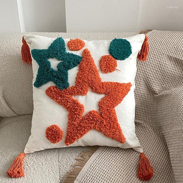 Travesseiro dunxdeco decoração de férias laranja vermelha estrela verde tufado capa de cama de cama decorativa cadeira cadeira de cadeira