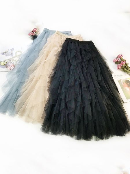 Gonne Moda Tutu Gonna in tulle Donna Gonna lunga lunga Primavera Estate Coreano Nero Rosa Gonna a pieghe a vita alta Donna 230131