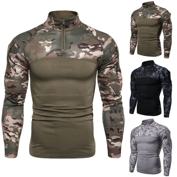 Camisetas masculinas camuflagem tática Combate ao ar livre uniforme militar zíper moletom mass mass de manga longa camisas de fitness tops 230130