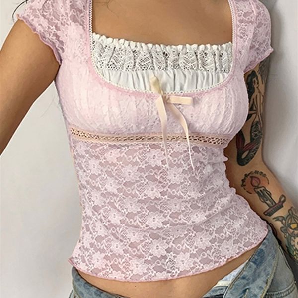 Damen T -Shirt Y2K Pink Trim Crop Top Bow süße süße T -Shirt Frauen Retro Kurzärmel Spitze Patched Sommer Tee Korean T -Shirt Coquette Ästhetik 230130