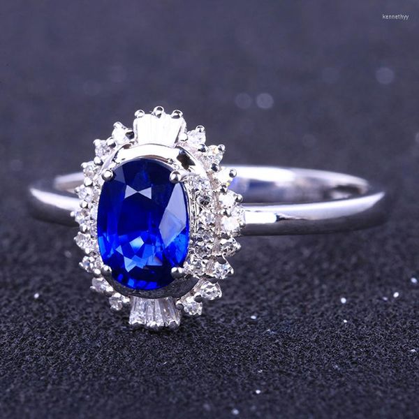 Ringos de cluster 925 Serling Silver Sapphire Ring Ladies Brilliant Luxury Classic Classic Dark Blue Zircon Abertura Jóias ajustáveis