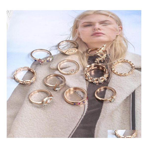 Bandringe 2022 Vintage Mode Ring Set für Frauen Mädchen Gold Metall Punk Geometrische Hohlblätter Finger Party Schmuck Anillos Drop de Dhlwm