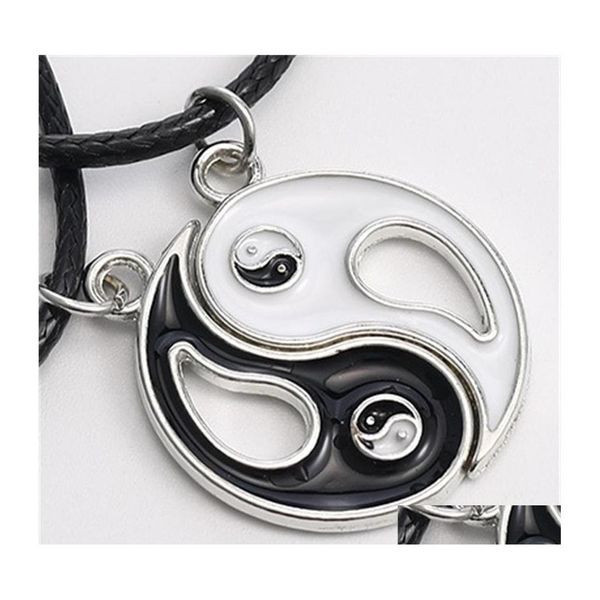 Colares pendentes de design exclusivo em p￳ de emenda tai chi yin yang para mulheres corda de couro preto amizade branca casal de namorado presente 4 dhcan