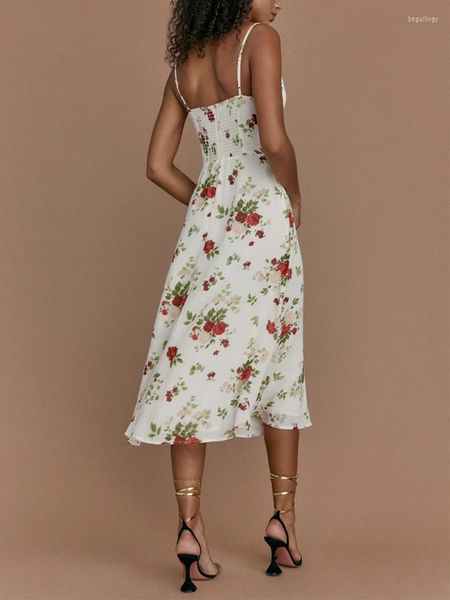 Vestidos casuais espaguete vestido de verão para mulheres 2023 férias sem mangas praia de praia back smocked elegante vintage floral midi