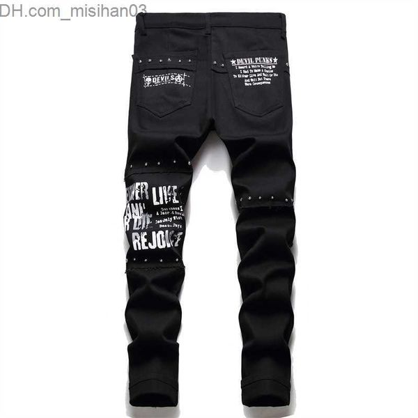 Calças masculinas 2021 moda coreana vermelho xadrez splice punk rebite calças jeans ultrafinas masculinas crânio carta impressa hip hop corrente jeans spodnie z230801