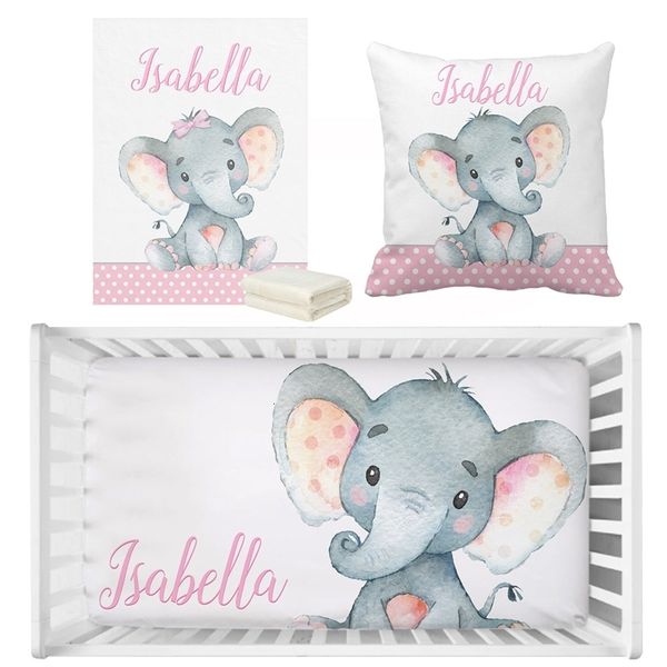 Set di biancheria da letto LVYZIHO Baby Girl Culla Nome personalizzato Pink Elephant Bedding Set Baby Shower Gift Bedding Set 230731