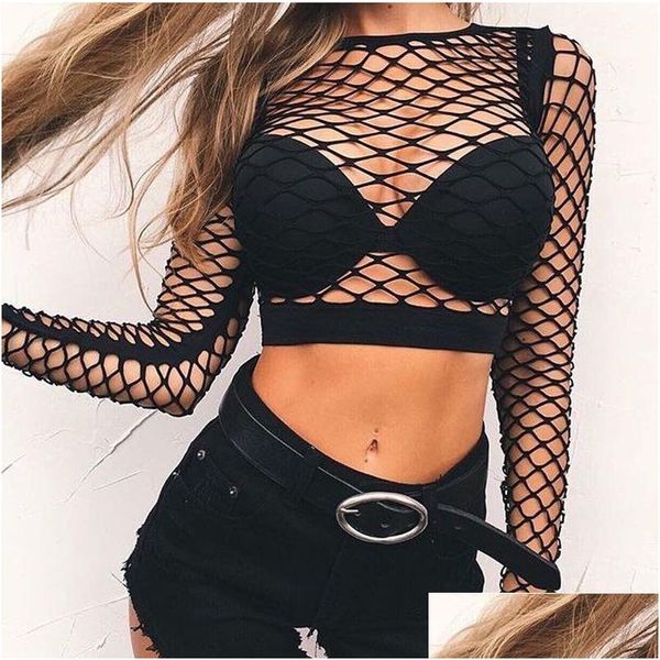 Camiseta Feminina Ruoru Plus Size 3Xl Mesh Top Fishnet Camiseta Femme Hollow Out Net Manga Longa Crop Slim See Through Camiseta Feminina C Dh9Z8