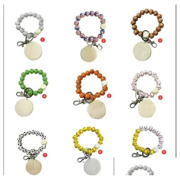 Accessori sportivi in titanio Bracciale fai da te Perline Ciondolo portachiavi Favore di partito Palla sportiva Calcio Baseball Pallacanestro Perlina di legno 9 Goccia Dhfjm