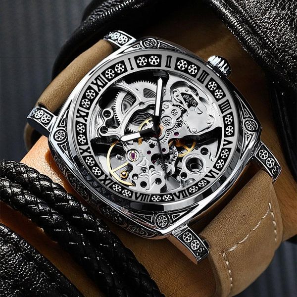 Relógios de pulso BINBOND Relógio mecânico masculino de luxo padrão esculpido Luz noturna Correia de couro genuíno Pesado Relógio esportivo ao ar livre legal