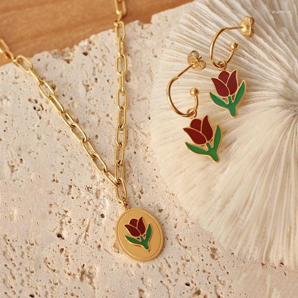 Stud Oorbellen Middeleeuwse Stijl Retro Tulp Epoxy Bloem Ketting Sets Vrouw Mode Persoonlijkheid Titanium Stalen Sieraden Hypoallergeen