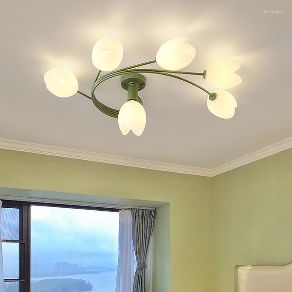 Tavan Işıkları Yatak Odası LED Basit Modern Kız Çocuk Odası Petal Dekor Kapalı İskandinav Stili Işık Fikstür Yeşil