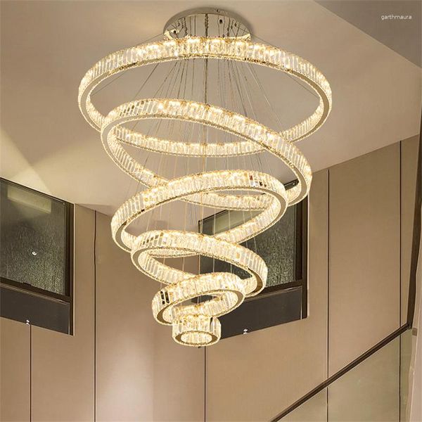 Lampadari Lampadario di cristallo di lusso moderno Cerchio Anelli Scala Soggiorno Decorazione Soffitto Illuminazione a led