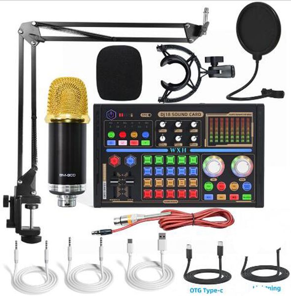 BM 900 DJ18 Microfones de áudio profissional V8s Pro Sound Card Set BM900 Mic Studio Condenser para OTG Type-C TV Live Vocal Recording Podcast Performance Youtube Tiktok