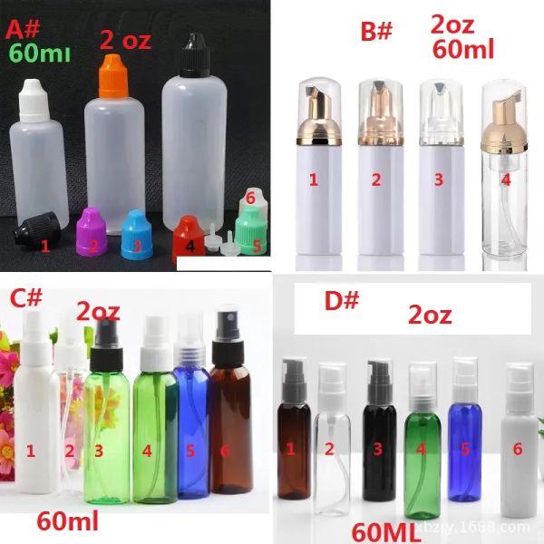 Frasco de spray de plástico transparente vazio de 60 ml Frascos de perfume de névoa fina Água para purificar o ar Agulha Tampas à prova de crianças 2 onças LL