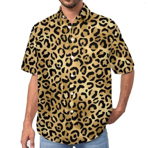 Erkekler Sıradan Gömlekler Siyah Altın Leopar Beach Shirt Çita Hayvan Hawaii Erkekler Trend Bluuses Kısa Kollu Grafik Giysileri Büyük Boyut