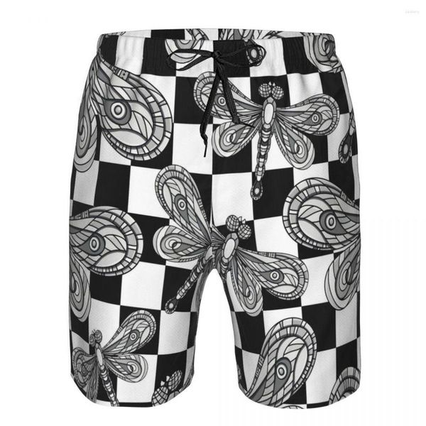 Shorts masculinos Praia Short Swim Dragonfly em fundo preto e branco Surfing Sport Board Roupa de banho