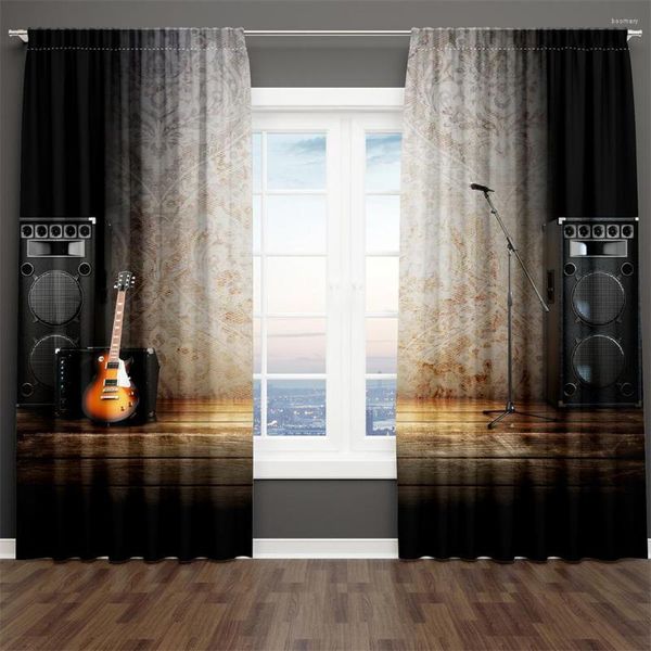 Cortina Impressão 3D Instrumento Moderno Notas de Guitarra Cool Boy 2 Peças Sombreamento Fino Janela Para Sala de Estar Quarto Decoração Vara Bolso