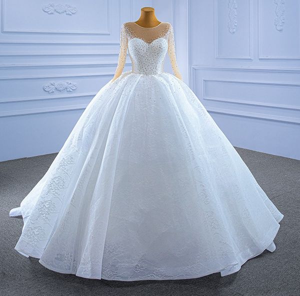 Abito da sposa principessa di lusso 2023 Maniche a cuore Perle di cristallo Abito formale da sposa in pizzo Arabo Dubai Abiti su misura Noiva Robe De Mariage