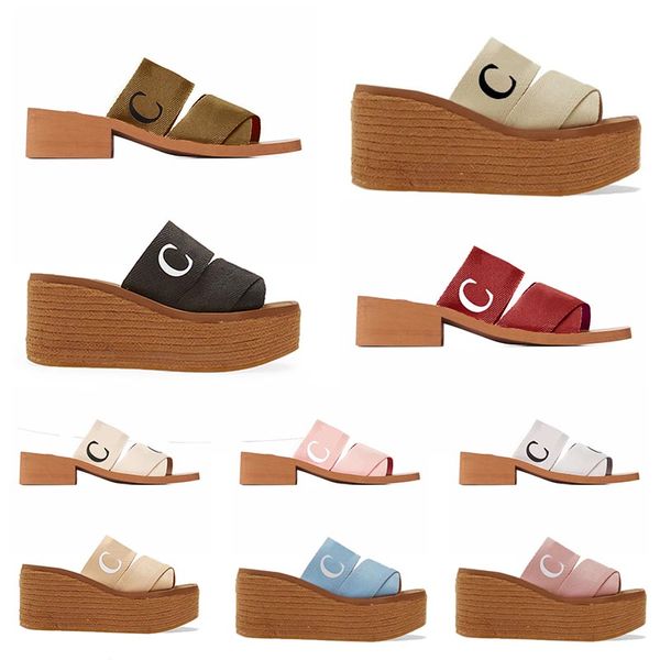 Kadın Tasarımcı Sandalet Woody Espadrille Platform Kama Mules Tuval Slaytlar Lüks Fashion Yavru Kedi Sarlemi Teşer Tong Sling Sırt Kare Toe Flats Yüksek Topuk Sandel Sandel