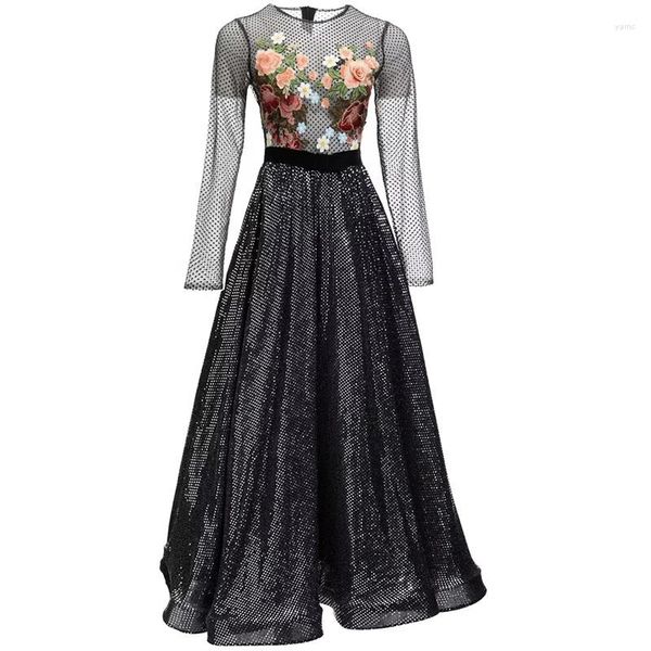 Повседневные платья дизайнер 2023 летняя мода с длинным рукавом в горошек для цветочных вышивших платье Black Lady Luxury Glitter Sequin Vestidos