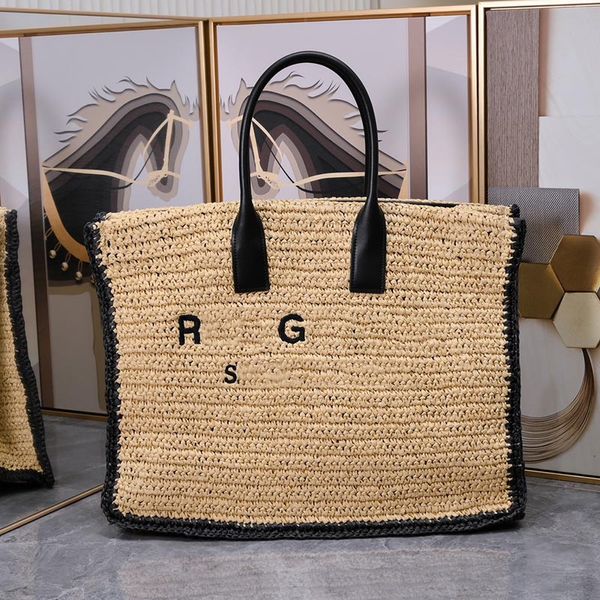 Bolsa de grife de palha, tecida à mão, bolsas de praia densas, cáqui, bolsas de compras femininas, bolsas grandes, bolsas luxuosas, verão, lafite, couro, clássico, letra, bordado, bolsa