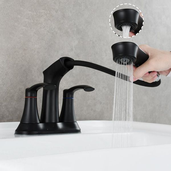 Rubinetti per lavabo da bagno Rubinetto in acciaio spazzolato inossidabile Miscelatore doppio foro estraibile nero Rubinetto classico per lavabo con acqua fredda Doppio multifunzionale