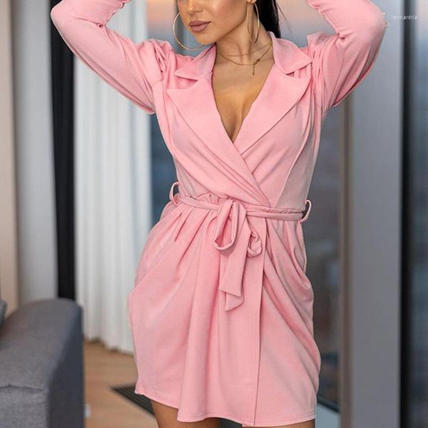 Vestidos casuais femininos com decote em V escritório terno rosa 2023 primavera faixas mangas compridas senhoras feminino elegante trabalho curto vestidos sólidos