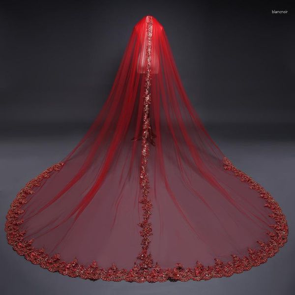 Véu de Noiva Catedral Elegante Véu de Casamento Muçulmano Renda Aplicada 300 CM Tule Vermelho Acessórios Femininos