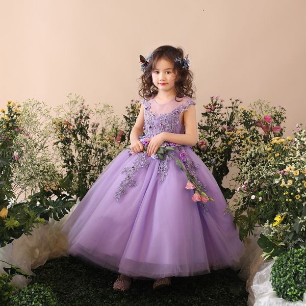 Abiti da ragazza Flower Girl Abito elegante Prima Comunione per bambine Bambini Viola Tulle Ball Gown Bambini Pageant Abiti da sposa 230731