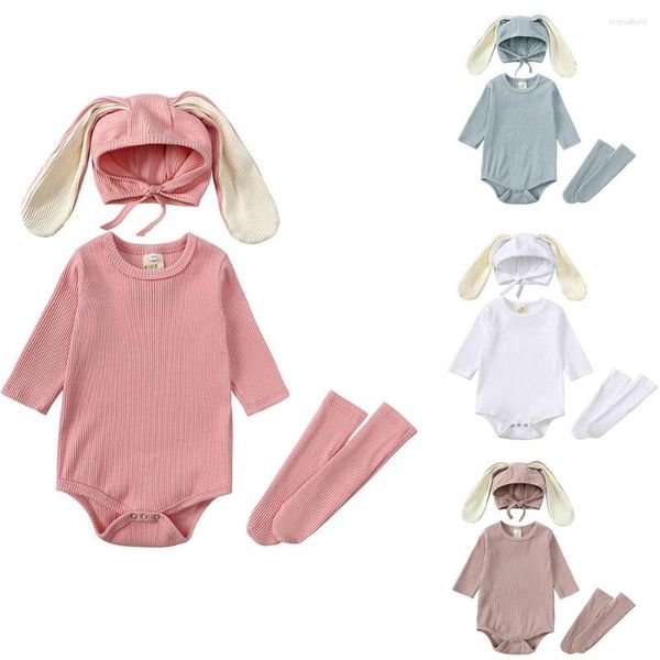 Set di abbigliamento Autunno Primavera Set di vestiti per bambini Pagliaccetto con cappello a orecchio lungo con calzini a coda Costume da neonato per bambina