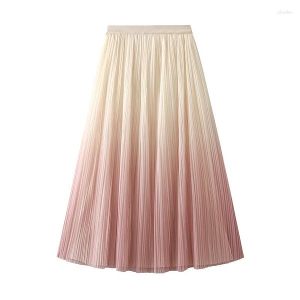 Röcke Elegante allmähliche Farbe Faltenrock Sommerprodukte Licht Luxus Hohe Taille Tüll A-Linie für Frauen 0872