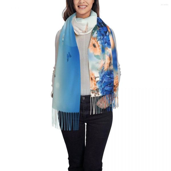 Schals Frauen Schal Quaste Kopf Wraps Hortensien Gänseblümchen Gelb Blau Femme Dünne Herbst Frühling Winter Bandana