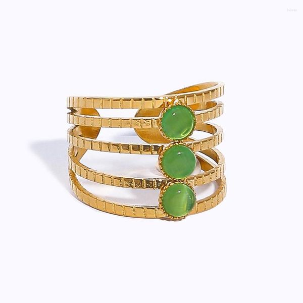 Anéis Cluster WILD FREE Vintage Aço Inoxidável Largo Para Mulheres Banhado a Ouro 18K Opala Verde Pedra Natural Luxo Jóias Ajustáveis