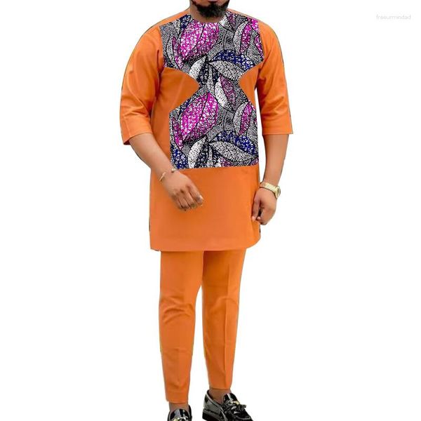 Tute da uomo Set su misura Camicie a mezza manica patchwork con pantaloni solidi Abito da sposo arancione Abiti stile nigeriano maschile