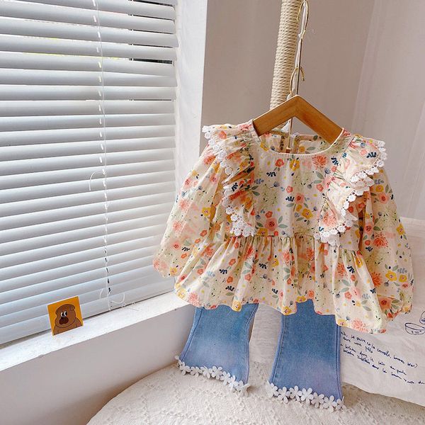 Kleidung Sets Frühling Und Herbst Mädchen Anzüge Kinder Mädchen Kleidung Floral Spitze Nähte Top Denim Schlaghosen Mädchen Set 230731