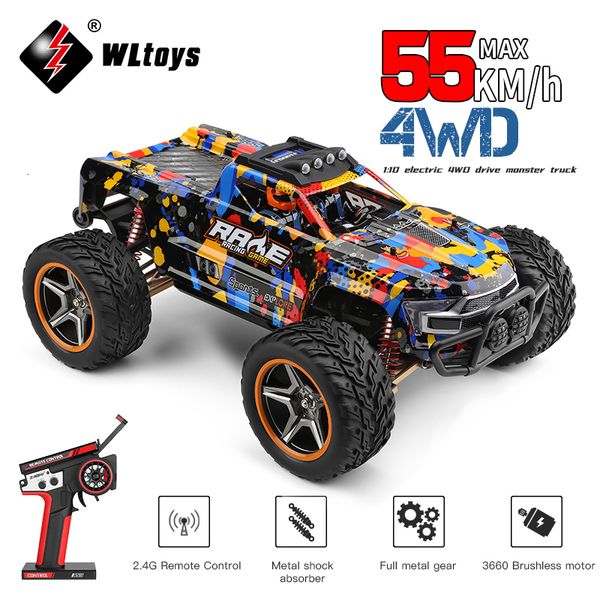 Carro elétrico RC Wltoys 104018 104019 1 10 RC 4WD com luzes LED 55KM H Controle remoto 3660 Motor sem escova Off Road Monster Truck 230731