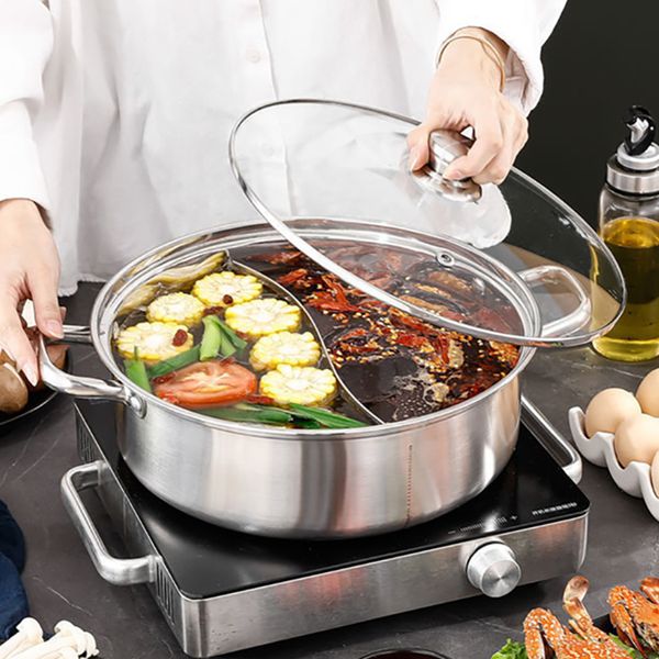 Суп бульон горшок с крышкой 304 из нержавеющей стали приготовление кухни для кухонной индукционной плитки Стеклянная крышка китайской фондю.