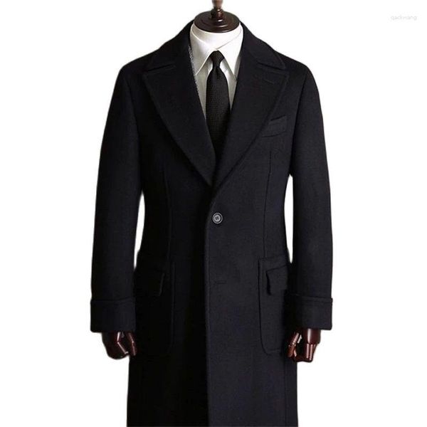 Ternos masculinos de alta qualidade formal preto lapela pontiaguda dois botões lã grossa feito sob medida casaco masculino blusão blazer negócios casaco longo