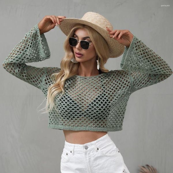 Camisolas femininas de manga comprida ocas transparentes transparentes suéter para mulheres sexo verão top verde 2023 moda