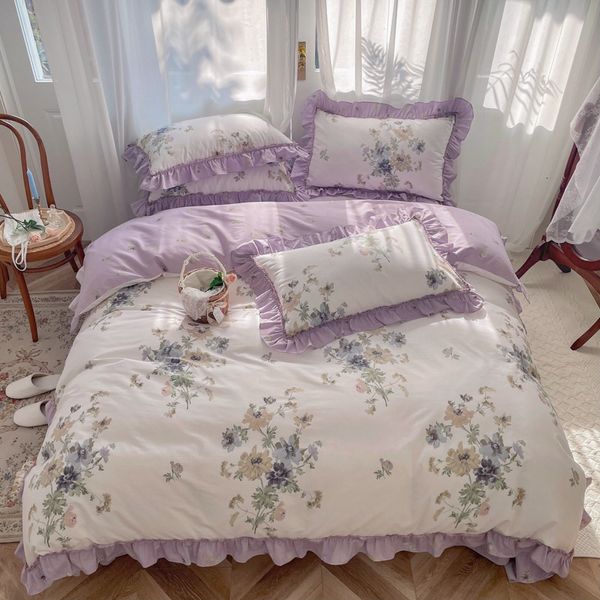 Conjuntos de Lençóis 100% Algodão Vintage Francês Gardênia Estampado Conjunto Princesa Flores Rurais Folhos Colcha Colcha Capa De Edredom Roupa de Cama Fronhas 230731