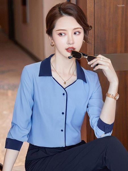 Damenblusen, koreanisches blaues Revers-V-Ausschnitt-Shirt, lässig, langärmelig, elegante weiße Patchwork-Oberteile, klassisch, formal, Büro, Herbst