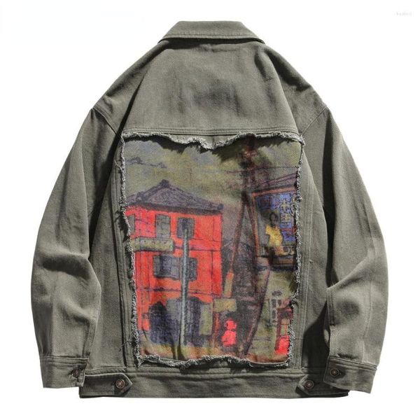 Мужские куртки хип -хоп джинсовая куртка уличная одежда мужская винтажная картина разорванная джинсовая палата 2023 Harajuku Осенний хлопок зеленый хаки