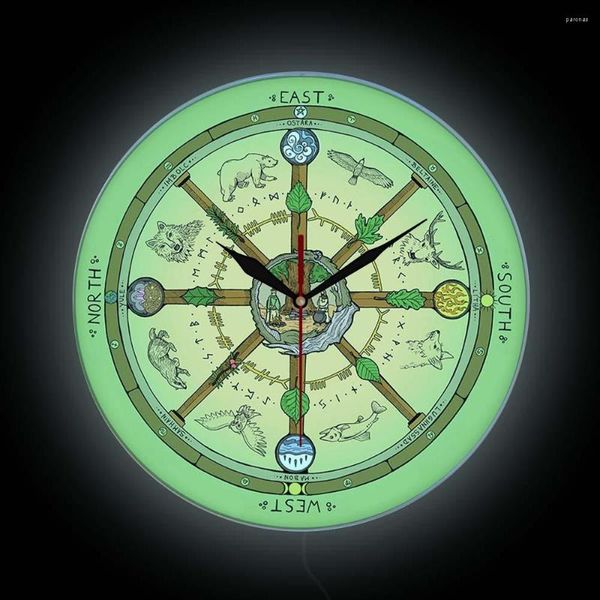 Orologi da parete The Wheel Of Year Calendario Wicca Stampa Orologio Glow In Dark Pagan Festival Luminous Night Light Forest Decor